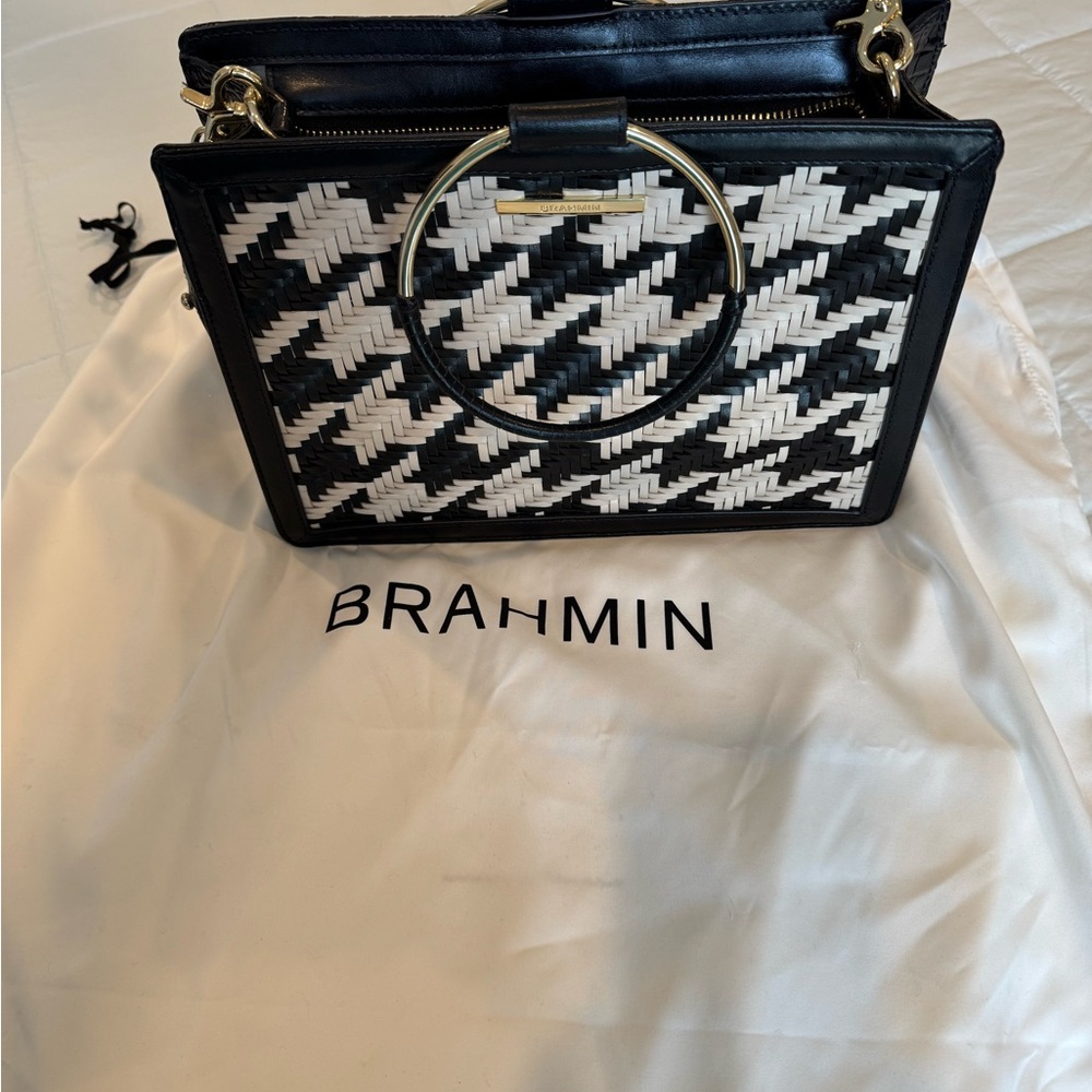 Brahmin Black and White Satchel with Houndstooth Design